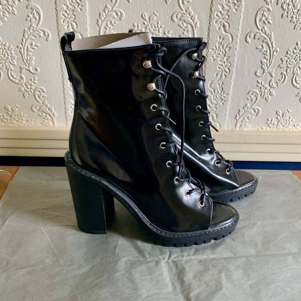 NWOT ASOS DESIGN Emma Black Peep Toe Chunky Lace Up Boots Sz: 7 - Picture 4 of 5